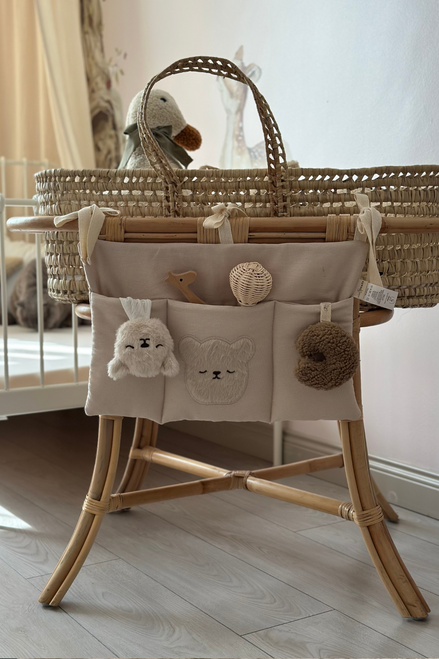 Nakış Detaylı Keten Kumaş Bebek Çocuk Yatak Beşik Kenarı Organizeri