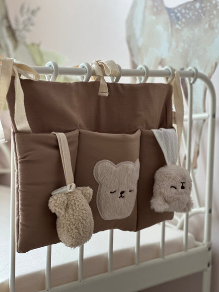 Nakış Detaylı Keten Kumaş Bebek Çocuk Yatak Beşik Kenarı Organizeri