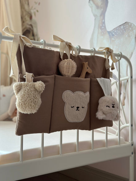 Nakış Detaylı Keten Kumaş Bebek Çocuk Yatak Beşik Kenarı Organizeri