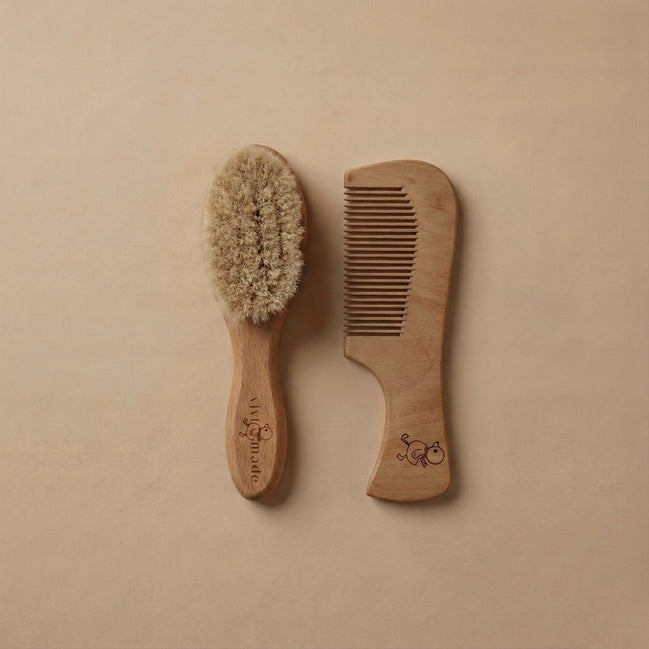 Doğal Keçi Kılı Bebek Saç Fırçası ve Ahşap Bebek Saç Tarağı