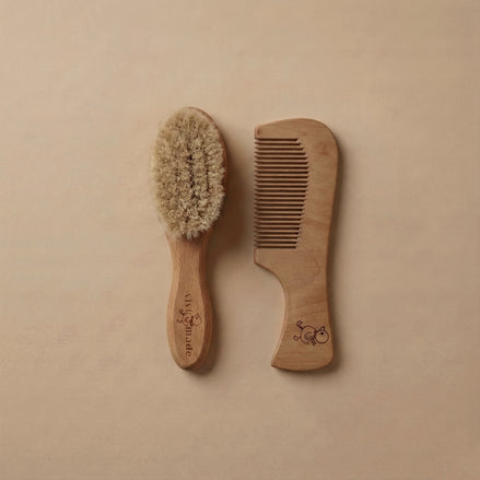 Doğal Keçi Kılı Bebek Saç Fırçası ve Ahşap Bebek Saç Tarağı