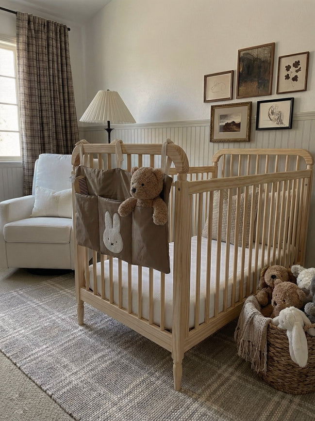 Miffy Nakış Detaylı Keten Kumaş Bebek Çocuk Yatak Beşik Kenarı Organizeri