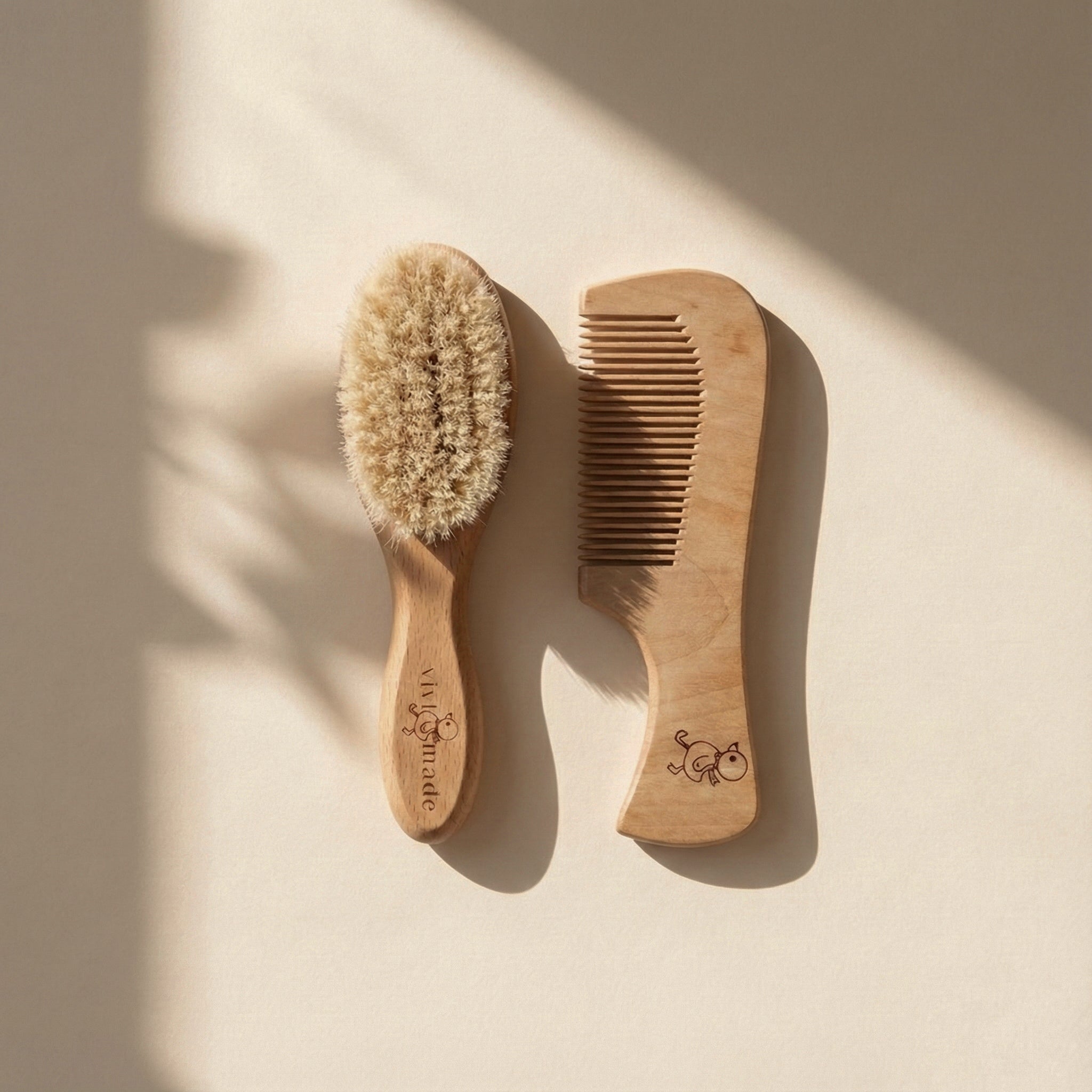 Doğal Keçi Kılı Bebek Saç Fırçası ve Ahşap Bebek Saç Tarağı