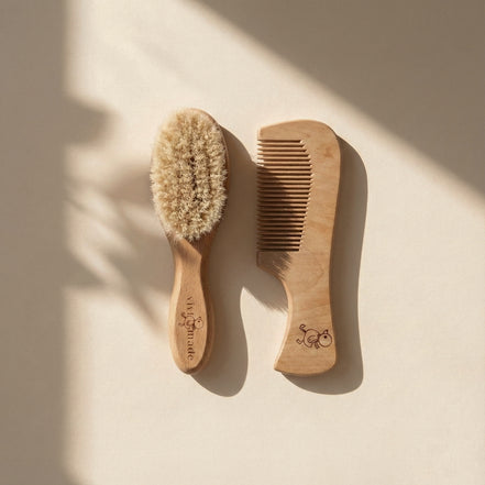Doğal Keçi Kılı Bebek Saç Fırçası ve Ahşap Bebek Saç Tarağı